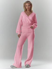 MUSERA ملابس علوية كروشيه طويل الأكمام مفصل متقاطع ناعم ومريح، أنيق وعصري مناسب لنادي القهوة في عيد الحب والربيع - وردي - مشاهدة 3