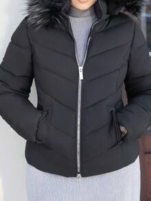 Melissa Matos 女士纯色长袖拉链领拼布毛绒连帽棉服外套，冬季 - 黑色 - 查看 3