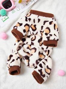 PETSIN 1咖啡色豹纹恐龙带牵引扣宠物连体衣秋冬法兰绒加厚保暖四脚衣服 - 咖色 - 查看 2