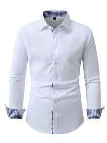 Manfinity Mode 男士白色撞色拼接商务长袖衬衫 - 白色 - 查看 7