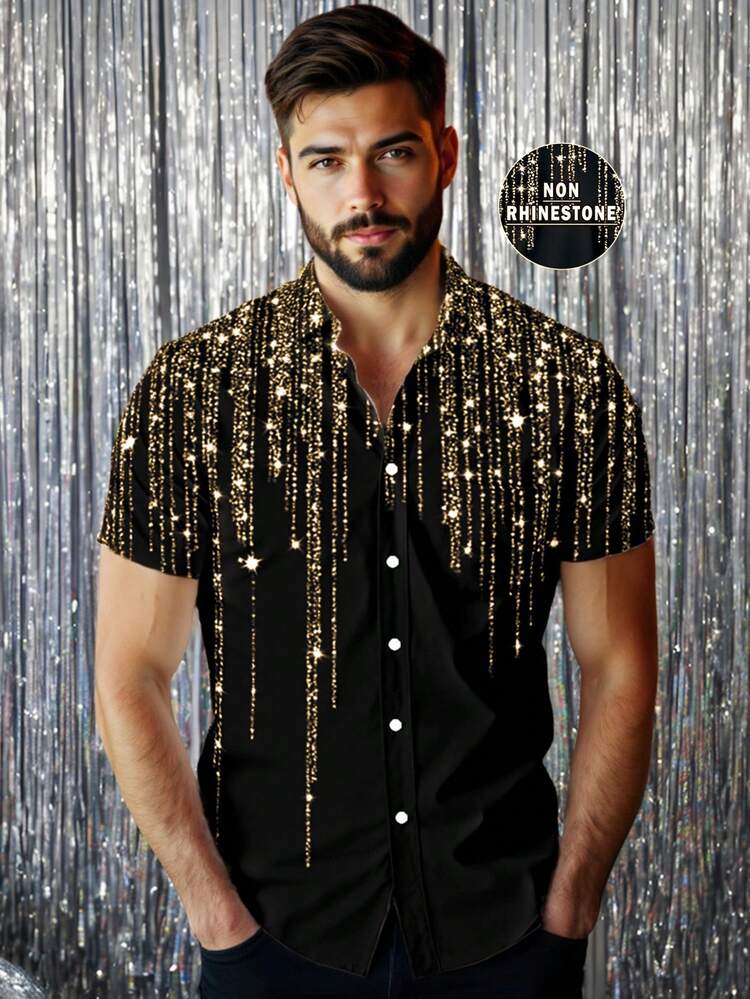 Manfinity AFTRDRK Men's Graphic Print Front Button Casual Fashion Short Sleeve Shirt - Gold - View 6