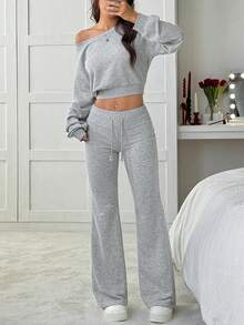 2pcs/Set Teen Girls Grey Asymmetrical Shoulder Hoodie And Flared Sweatpants Co-Ord Set - Grey - View 3