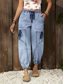 EMERY ROSE Women's Elegant Casual Distressed Denim Jeans With Multiple Pockets And Bow Tie Waist Design, Relaxed Fit - Blue - View 5