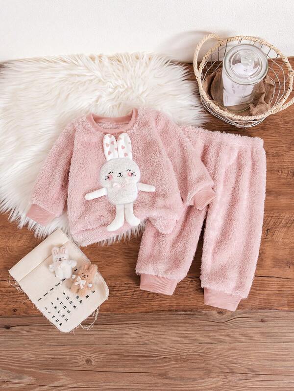 Herbst/Winter Baby Coral Fleece umkehrbarer süßer 3D Hasen Design Mädchen Pyjama