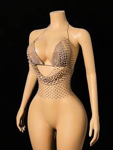 EgrlEra 女士时尚性感水钻鱼网露背露脐上衣 - 香檳色 - 查看 3