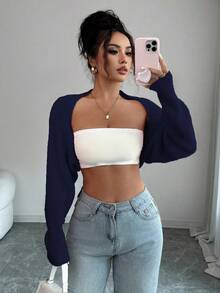 Rafferiza 女士时尚简约纯色前开襟短款开衫，秋季款 - 藏蓝色 - 查看 5