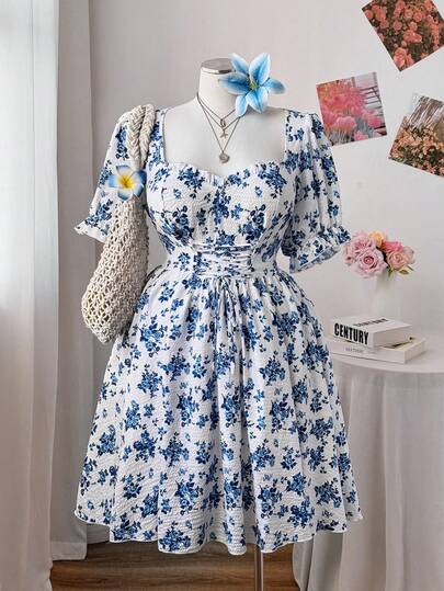 Sweetra Plus Size Women's Summer Casual Vacation Ditsy Floral Sweetheart Neck Waist Tie Dress