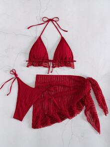 Swim Mod Women's Sexy Lace Backless Halter Bikini Set With Cover Up Skirt 3-Piece Bikini Set Set, Beach Holiday Style Red Two Piece Sexy Skirt Set Red High Waisted Bikini Red Sexy Outfit Red Skirt Set - Red - View 4