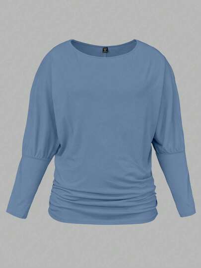 SHEIN LUNE Women's Plus Size Casual Solid Color Crew Neck Long Sleeve Knit T-Shirt, Autumn/Winter