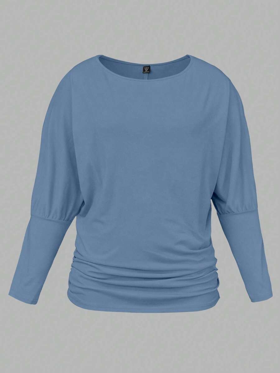 SHEIN LUNE Áo thun dệt kim dài tay cổ tròn màu trơn thường ngày cỡ lớn dành cho nữ, mùa thu/đông - Màu xanh lam - Xem 1