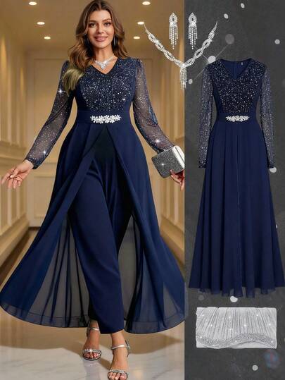 Gownix Plus Size Women's Sequin Mesh Patchwork Long Sleeve Waist Rhinestone Decor Elegant Jumpsuit