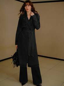 MOTF PREMIUM CASUAL EVERYDAY ELEGANT LOOSE TIE-WAIST DENIM COAT - Black - View 6