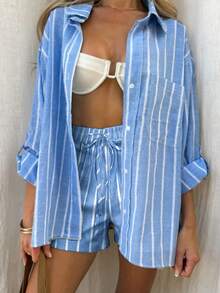 Cévolie Blue & White Striped Loose Front Button Shirt And Shorts Casual Set - Blue - View 4