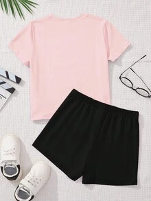 SHEIN Leap Crew 2 件套青少年女孩休闲简约短袖上衣和短裤套装，夏季 - 彩色 - 查看 3