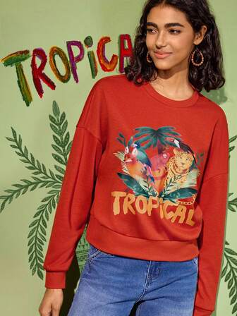 Felipe Marques Damen Sweatshirt mit Tier-, Pflanzen- und Blume Muster, Rundhalsausschnitt, Langarm, lässiger Urlaubsstil für Herbst/Winter