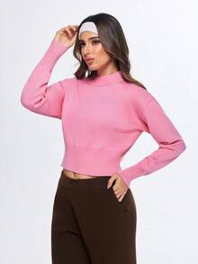 Eassivo Eassivo Regular Fit Crew Neck Long Sleeve Knit Sweater - Pink - View 4
