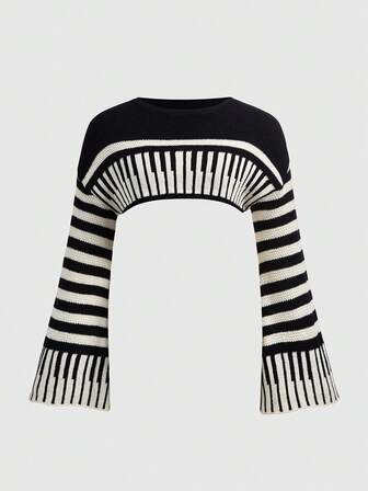 Grunge Punk Plus Size Women Casual Fashionable Street Colorblock Striped Pattern Flare Sleeve Super Cropped Sweater, Autumn