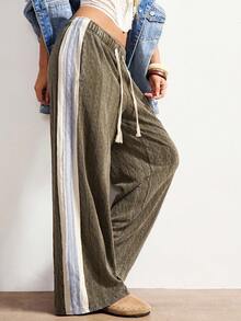 Bohemela Quần nữ ống đứng dáng rộng, chất liệu dệt kim họa tiết phối màu, phong cách BOHO Thu Đông. - xanh quân đội - Xem 4