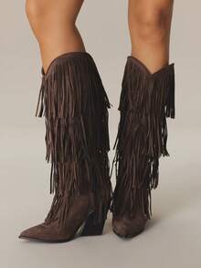 Styleloop Bốt dệt cao đến đầu gối dành cho nữ, phù hợp với phong cách Boho, phương Tây, lễ hội âm nhạc, Halloween, tiệc Giáng sinh - Cà phê nâu - Xem 4