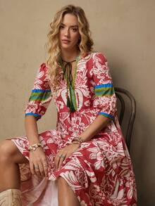 Freevana 女士热带植物印花连衣裙，V领系带蝴蝶结长袖宽松休闲连衣裙，初秋