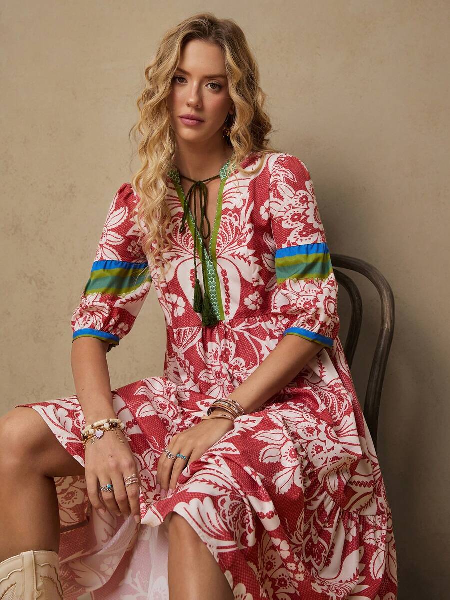 Freevana 女士热带植物印花连衣裙，V领系带蝴蝶结长袖宽松休闲连衣裙，初秋