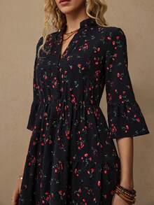 Freevana 女士度假黑色碎花衬衫裙，宽松七分袖连衣裙，休闲秋冬连衣裙