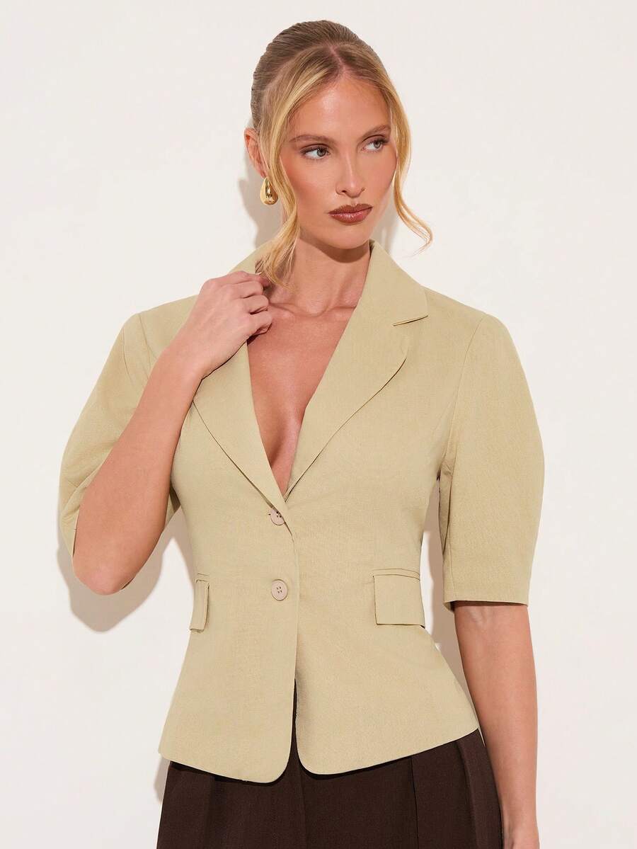 COSMINA Áo blazer nữ màu trơn, tay ngắn, có túi trước, kiểu dáng thanh lịch, nhẹ, thiết kế cổ ve lật, tay lửng, màu quả mơ, trang phục công sở sang trọng, phù hợp cho trang phục đi làm, tối giản và thiết thực, đi chơi hàng ngày, mua sắm, áo blazer mỏng mùa xuân/hè. - Màu be - Xem 1