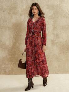 Florisole Váy suông dáng chữ A tay đèn lồng họa tiết Paisley boho cổ điển thanh lịch dành cho nữ, mùa xuân/thu - Gỗ đỏ - Xem 4