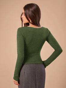 SHEIN Forever 21 F21 女士纯色简约优雅日常长袖修身T恤 - 綠色 - 查看 2