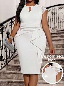 SHEIN Lady Váy dự tiệc ren chắp vá thanh lịch cỡ lớn - trắng - Xem 1