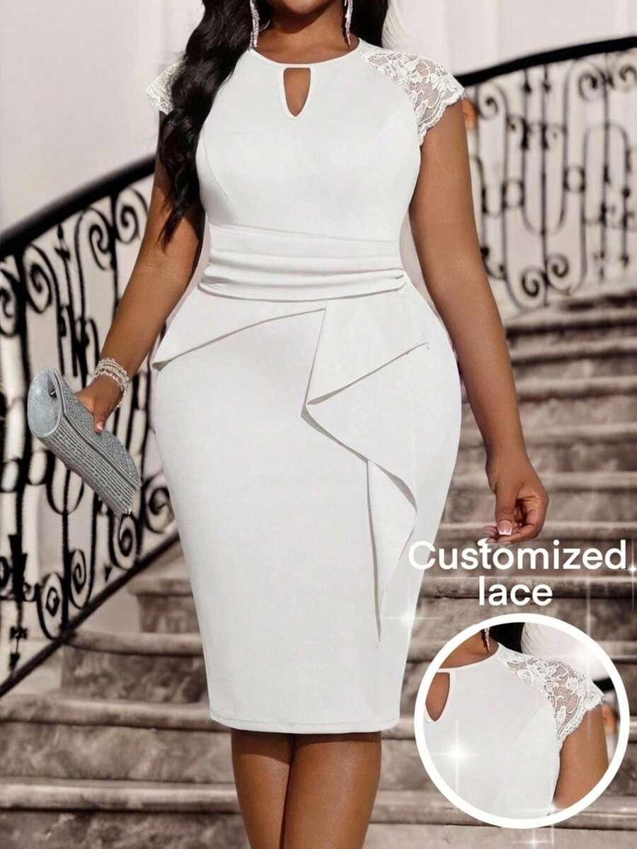 SHEIN Lady Váy dự tiệc ren chắp vá thanh lịch cỡ lớn - trắng - Xem 1