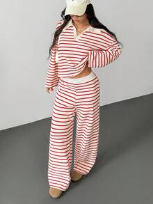 SHEIN PETITE Women's 2pcs Set Loose Striped V-Neck Drop Shoulder Long Sleeve T-Shirt &Elastic Waist Striped Pants, Winter Sweater Suit ,Autumn/Winter Two Pieces Pant Set 2 Pieces Lounge Sets Women Women Two Pieces Sets Striped Two Pieces Set Two Piece Pant Set 2 Piece Lounge Sets Woman Striped Two Piece Set Women S Two Piece Sets - Multicolor - View 5