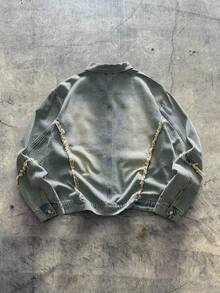 AXEPEAK 男士长袖毛边单排扣休闲宽松做旧牛仔夹克 - 藍色 - 查看 2