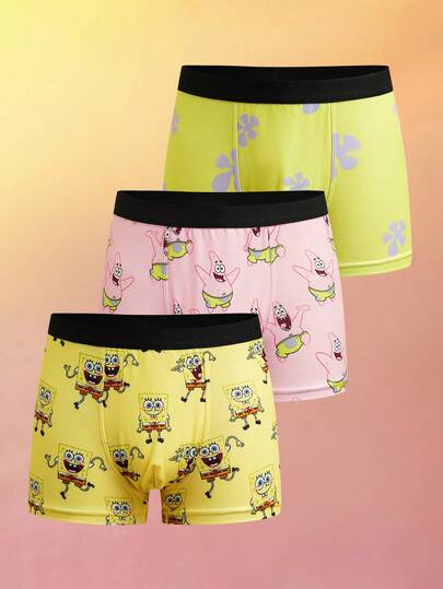 SpongeBob SquarePants | SHEIN Tween Boy 3pcs Cute Cartoon Print Contrast Waist Comfortable Boxer Briefs