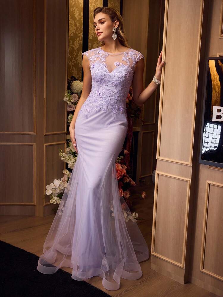 PURPLE CONTRAST MESH FLORAL EMBROIDERED FISHTAIL HEM EVENING DRESS