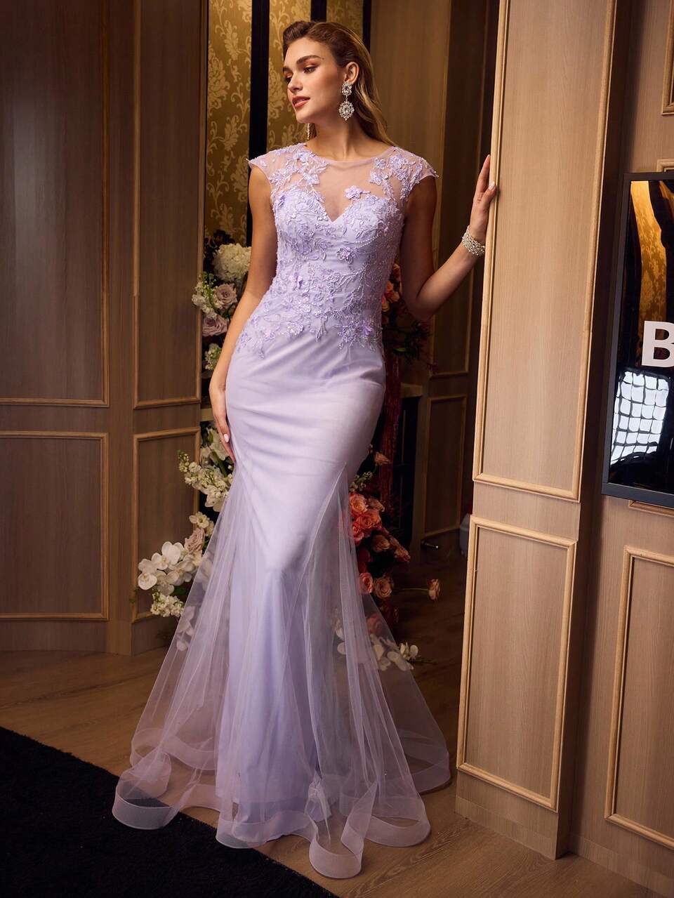 PURPLE CONTRAST MESH FLORAL EMBROIDERED FISHTAIL HEM EVENING DRESS