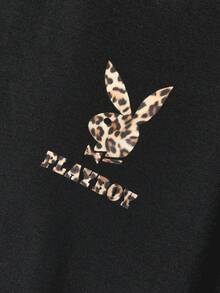 Missguided x Playboy Oversized Cropped Tshirt With Animal Print Logo Casual Short Sleeve Cotton Blend Crewneck Summer Urban Streetwear Graphic Design Statement Top - Black - View 4