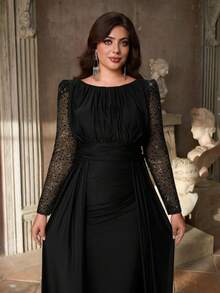 Aureia 大码优雅奢华圆领撞色网纱亮片袖褶皱腰身修身鱼尾裙摆连衣裙，适合晚宴、单身派对、约会、舞会、节日、婚礼（装饰繁复）、情人节等场合。 - 黑色 - 查看 3