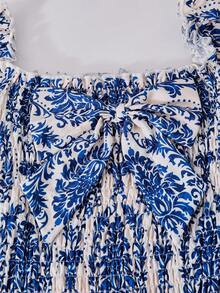 SHEIN ChillGRL Streecool 少女编织中国风印花短袖收腰A字休闲连衣裙，饰有3D蝴蝶结，适合春夏日常休闲穿着 - 彩色 - 查看 6