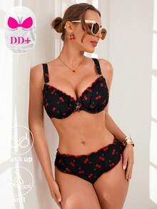 Swim DD+ Sexig bikiniset med körsbärsmönster och volangdetaljer för kvinnor, sommarstrand - Multifärgad - Visa 4