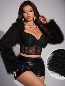 Viva Relle 加大码纯色仿皮草派对披肩 - 黑色 - 查看 5