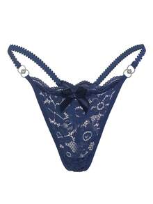 Floral Lace O-Ring Detail Bow Front G-String Sexy Lingerie Bow Tie - Navy Blue - View 3