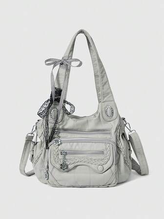 Grunge Punk Fashionable Solid Color PU Leather Bucket Shoulder Bag For Commuting
