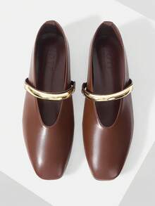 MOTF PU LEATHER SQUARE TOE FLATS FOR CHRISTMAS - Coffee Brown - View 4