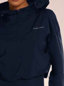 Musera Sport 女士连帽短款尼龙拉链运动夹克，适合板式网球、网球、匹克球、健身房等冬季运动。 - 藏蓝色 - 查看 5