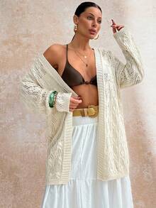 SHEIN Beige Open Knit Cardigan With Hollow Textured Pattern And Relaxed Fit Long Sleeves For Breezy Spring Layering - White - View 4