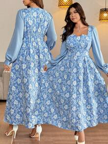 Vionelle 女士加大码法式提花拼接长袖连衣裙，春秋季 - 藍色 - 查看 9