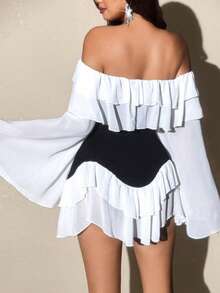 Elenzga Robe mini à manches longues évasées pour femmes grandes tailles, élégante, romantique et sexy, en patchwork noir et blanc, en mousseline de soie fluide avec épaules dénudées, volants à l'ourlet, stretch, pour le printemps et l'automne