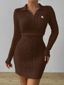 Rafferiza Pony Logo White Cable Knit Sweater, Embroidered Polo Collar Top, Fitted Sexy Dress For Women - Coffee Brown - View 7