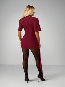 MISSGUIDED Burgundy Short Sleeve Mini Dress With Side Tie Detail Round Neck Bodycon Fit Fall Winter Party Evening Wear - Burgundy - View 2